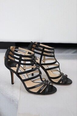 JIMMY CHOO BLACK LEATHER CAGED SANDALS HEELS 35